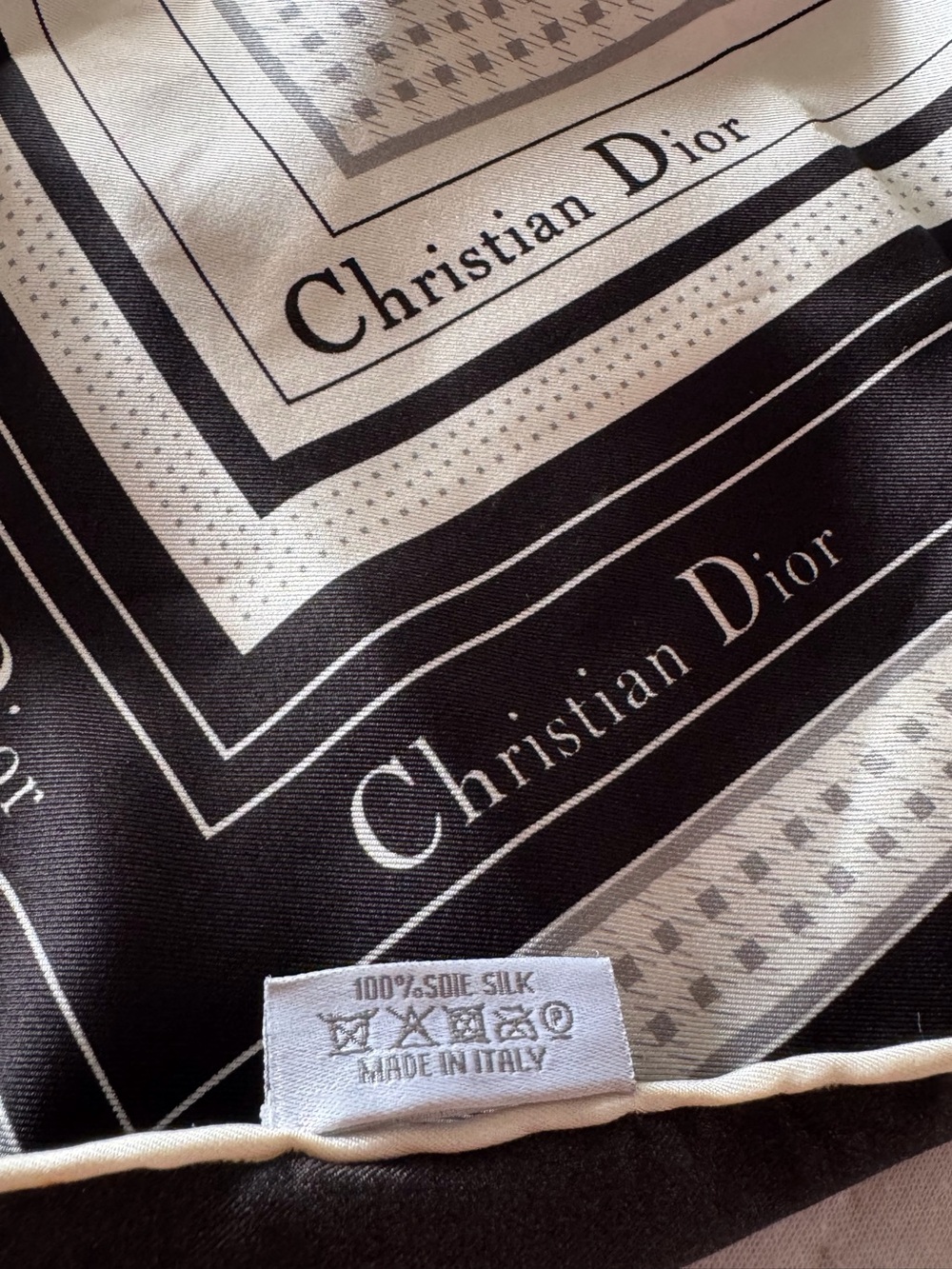 Christian Dior Black & White Polk Dot & Logo Square Silk Scarf